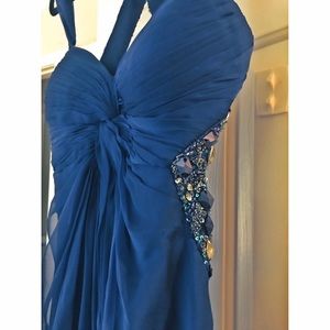 Navy Blue Chiffon Ballgown: Low Back, Beaded NWT🔥